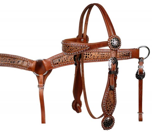 double stitched leather wide browband headstall and breast collar set with alligator print-double stitched leather wide browband headstall and breast collar set with alligator print