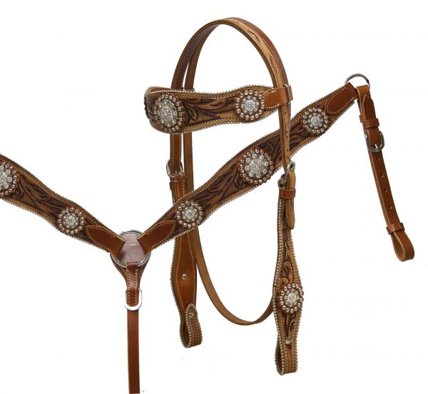 double stitched tooled leather headstall and breast collar set accented with large crystal rhinestone conchos-double stitched tooled leather headstall and breast collar set accented with large crystal rhinestone conchos