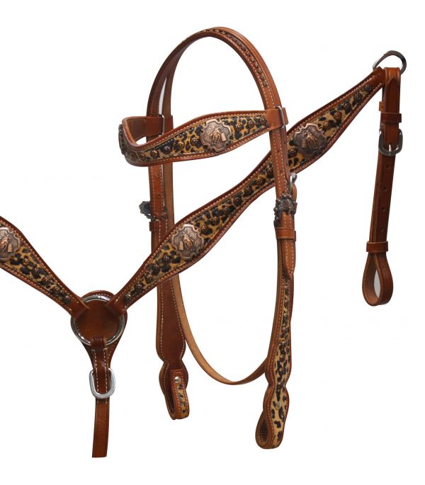 Leopard print overlay headsall and breast collar set with barrel racer conchos-Leopard print overlay headsall and breast collar set with barrel racer conchos
