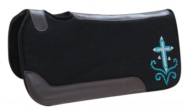 31" X 31" X 1" Black felt saddle pad with crystal rhinestone cross design- 31 X 31 X 1 Black felt saddle pad with crystal rhinestone cross design