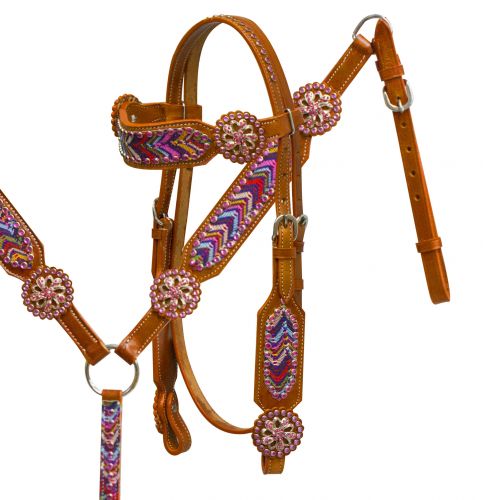 Headstall and breast collar set with multi color chevron lace overlay accented with pinwheel conchos-Headstall and breast collar set with multi color chevron lace overlay accented with pinwheel conchos