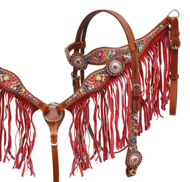 Pink fringe headstall and breast collar set with colored zigzag design-Pink fringe headstall and breast collar set with colored zigzag design