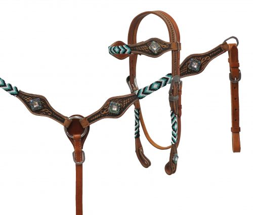 Medium leather headstall and breast collar with beaded overlays- Medium leather headstall and breast collar with beaded overlays