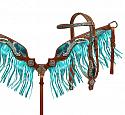 Painted feather tooled headstall and breast collar set with metallic fringe