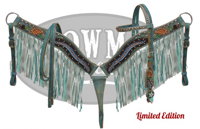 LIMITED EDITION Floral tooled headstall and breast collar set with shimmer fringe-LIMITED EDITION Floral tooled headstall and breast collar set with shimmer fringe
