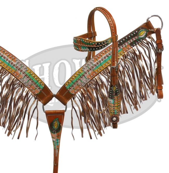 LIMITED EDITION Metallic painted peacock feather headstall and breast collar set- LIMITED EDITION Metallic painted peacock feather headstall and breast collar set