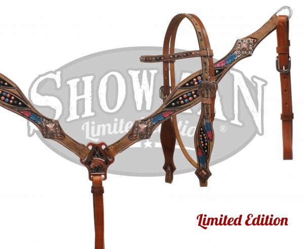 LIMITED EDITION painted feather design headstall and breast collar set- LIMITED EDITION painted feather design headstall and breast collar set