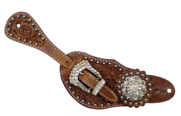 Showman™ Ladies Tooled Leather Spur Straps with Crystal Rhinestone Hardware and conchos-Showman™ Ladies Tooled Leather Spur Straps with Crystal Rhinestone Hardware and conchos
