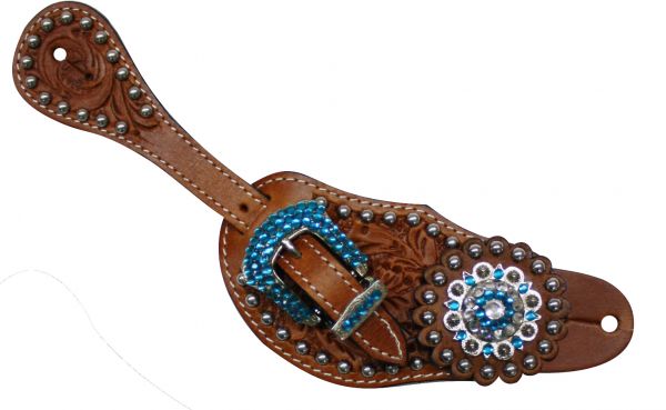 Showman™ Ladies Tooled Leather Spur Straps with Blue Rhinestone Hardware and conchos-Showman™ Ladies Tooled Leather Spur Straps with Blue Rhinestone Hardware and conchos