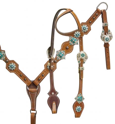 One ear headstall and breast collar set with teal crystal rhinestone conchos- One ear headstall and breast collar set with teal crystal rhinestone conchos