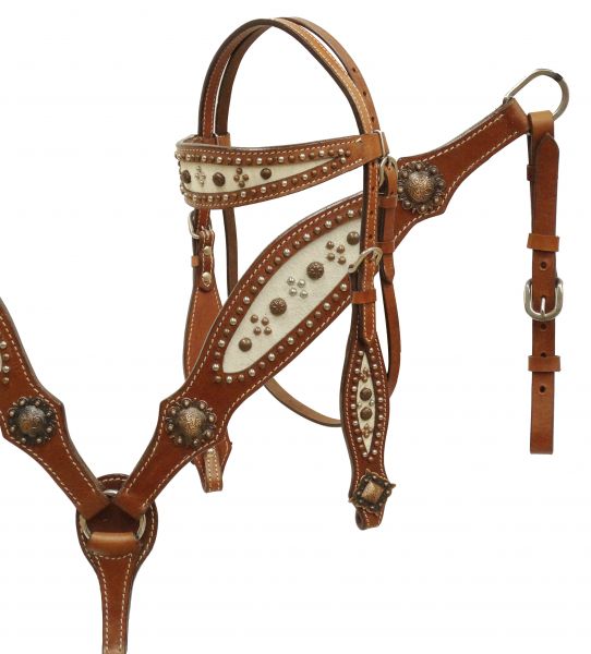 Hair-on cowhide headstall and breast collar set accented with copper and silver studs- Hair-on cowhide headstall and breast collar set accented with copper and silver studs