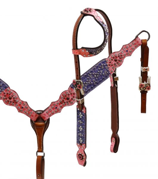One ear headstall and breast collar set with pink and purple alligator print overlay- One ear headstall and breast collar set with pink and purple alligator print overlay