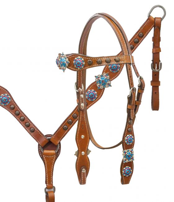 Headstall and breast collar set with blue and pink crystal rhinestone conchos- Headstall and breast collar set with blue and pink crystal rhinestone conchos