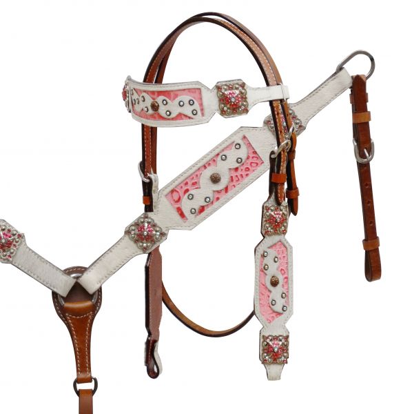 White hair-on cowhide headstall and breast collar with pink alligator print inlay-White hair-on cowhide headstall and breast collar with pink alligator print inlay