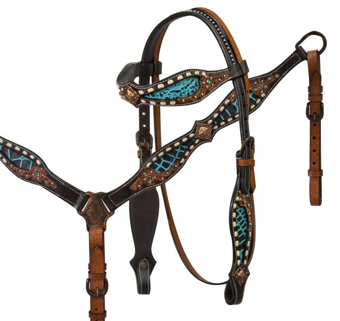 headstall and breast collar set with teal alligator print inlay accented with tan buck stitch and floral tooling- headstall and breast collar set with teal alligator print inlay accented with tan buck stitch and floral tooling
