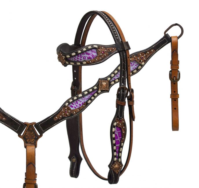 headstall and breast collar set with pink alligator print inlay accented with tan buck stitch and floral tooling- headstall and breast collar set with pink alligator print inlay accented with tan buck stitch and floral tooling