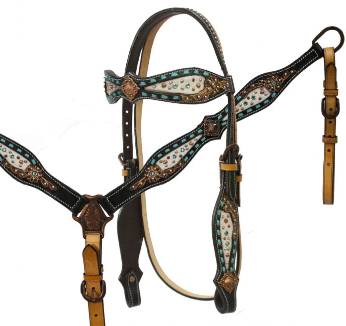 headstall and breast collar set with hair on cowhide inlay accented with teal buck stitch and floral tooling- headstall and breast collar set with hair on cowhide inlay accented with teal buck stitch and floral tooling