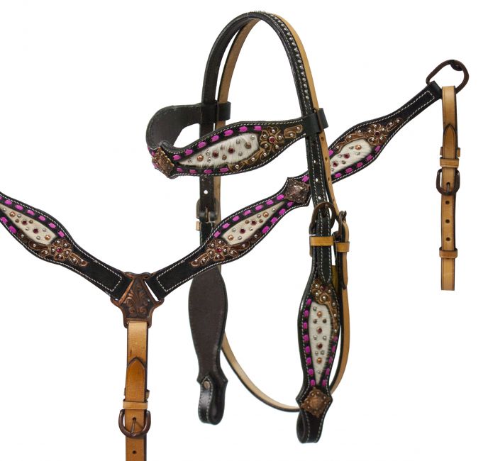 headstall and breast collar set with hair on cowhide inlay accented with pink buck stitch and floral tooling-headstall and breast collar set with hair on cowhide inlay accented with pink buck stitch and floral tooling