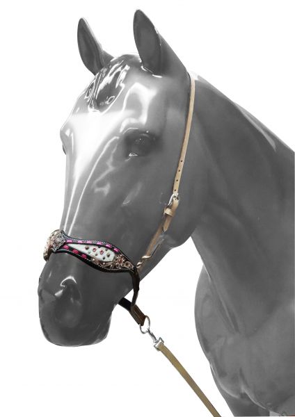 Adjustable tie down cowhide inlay accented with pink buck stitching- Adjustable tie down cowhide inlay accented with pink buck stitching