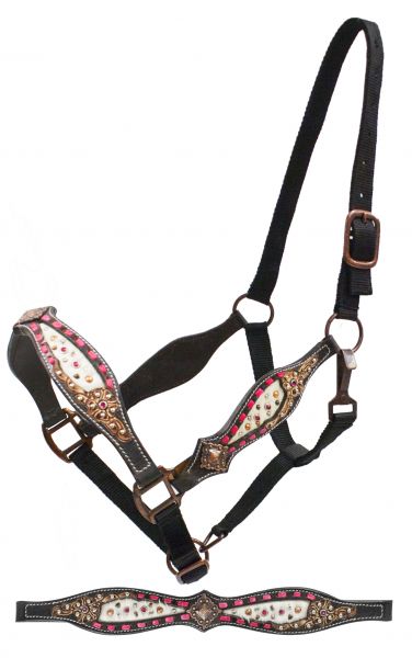 Belt style halter with pink buck stitch and hair on cowhide inlay.-Belt style halter with pink buck stitch and hair on cowhide inlay.