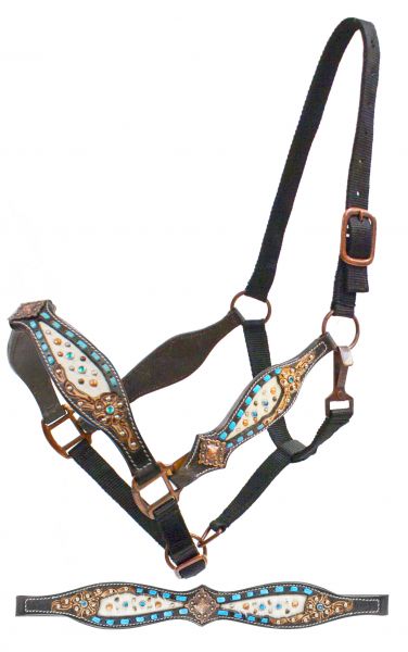 Belt style halter with teal buck stich and hair on cowhide inlay-Belt style halter with teal buck stich and hair on cowhide inlay