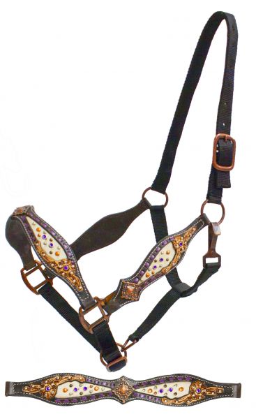 Belt style halter with purple buck stich and hair on cowhide inlay-Belt style halter with purple buck stich and hair on cowhide inlay