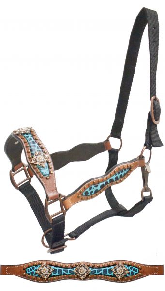 FULL SIZE belt style halter with teal alligator print inlay and crystal rhinestone conchos-FULL SIZE belt style halter with teal alligator print inlay and crystal rhinestone conchos