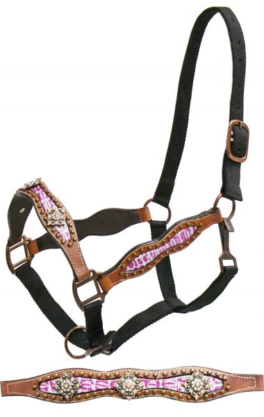 FULL SIZE belt style halter with pink alligator print inlay and crystal rhinestone conchos-FULL SIZE belt style halter with pink alligator print inlay and crystal rhinestone conchos