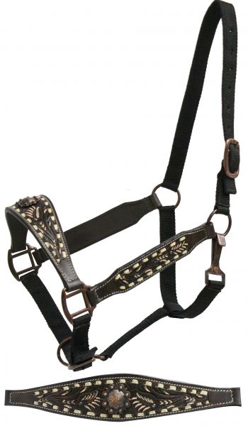 FULL SIZE belt style halter with painted floral tooling and cream buck stitch-FULL SIZE belt style halter with painted floral tooling and cream buck stitch