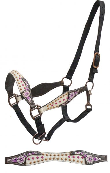 FULL SIZE Belt style halter with painted floral tooling and hair-on cowhide inlay-FULL SIZE Belt style halter with painted floral tooling and hair-on cowhide inlay