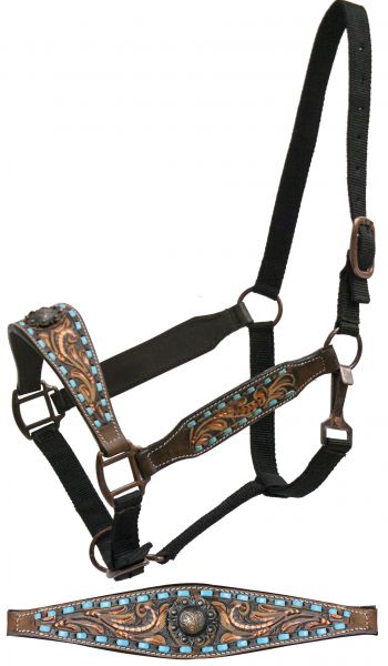 FULL SIZE belt style halter copper painted floral tooling and teal buck stitch- FULL SIZE belt style halter copper painted floral tooling and teal buck stitch