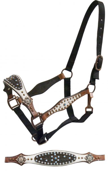 FULL SIZE belt style halter with white leather and dark tooled leather overlays- FULL SIZE belt style halter with white leather and dark tooled leather overlays