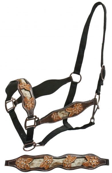 FULL SIZE belt style halter with hair-on cowhide inlay and cut out tooling- FULL SIZE belt style halter with hair-on cowhide inlay and cut out tooling