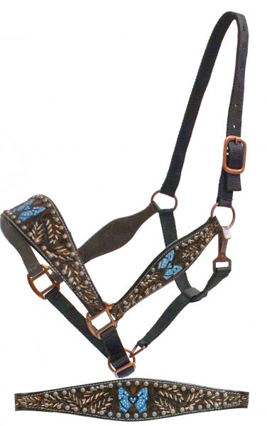 FULL SIZE belt style halter with painted tooling and blue painted butterfly-FULL SIZE belt style halter with painted tooling and blue painted butterfly