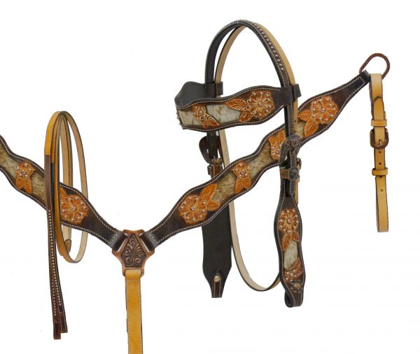Hair-on cowhide inlay headstall and breast collar set with cut out tooling-Hair-on cowhide inlay headstall and breast collar set with cut out tooling