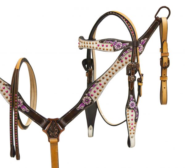 Headstall and breast collar set with painted floral tooling and hair on cowhide inlay- Headstall and breast collar set with painted floral tooling and hair on cowhide inlay