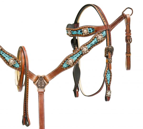 Teal alligator print inlay headstall and breast collar set accented with crystal rhinestone conchos-Teal alligator print inlay headstall and breast collar set accented with crystal rhinestone conchos