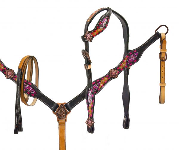 One ear pink buck stitch headstall and breast collar set-One ear pink buck stitch headstall and breast collar set