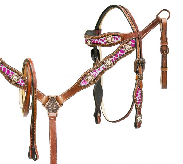 Pink alligator print inlay headstall and breast collar set accented with crystal rhinestone conchos-Pink alligator print inlay headstall and breast collar set accented with crystal rhinestone conchos