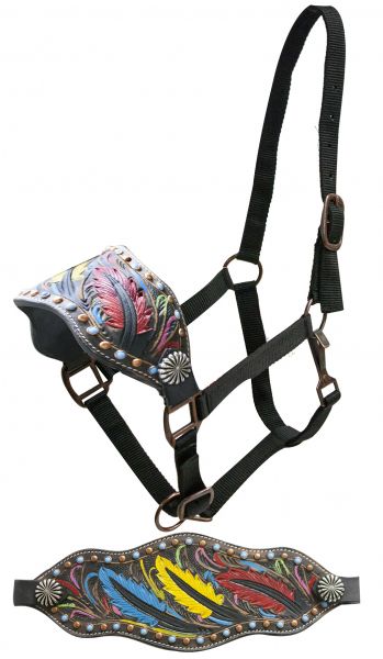 FULL SIZE Leather bronc halter with tooled, painted feathers-FULL SIZE Leather bronc halter with tooled, painted feathers