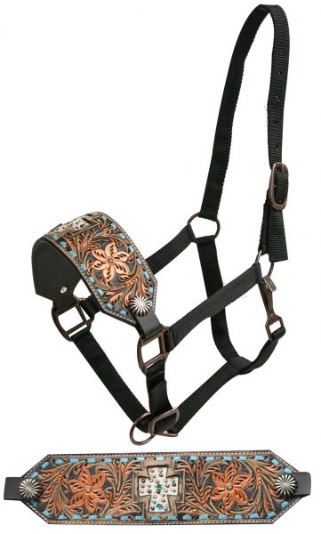 FULL SIZE Leather bronc halter with copper painted floral tooling and cut out cross-FULL SIZE Leather bronc halter with copper painted floral tooling and cut out cross