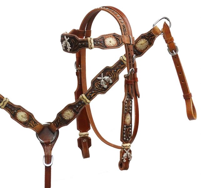 Rawhide braided headstall and breast collar set with crossed guns conchos- Rawhide braided headstall and breast collar set with crossed guns conchos