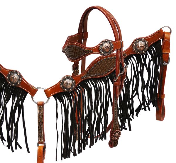 Alligator print headstall and breast collar with dark brown suede fringe- Alligator print headstall and breast collar with dark brown suede fringe