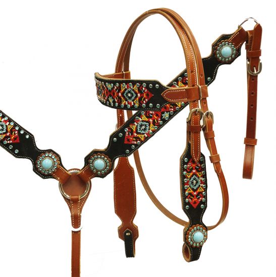 Navajo embroidered headstall and breast collar set-Navajo embroidered headstall and breast collar set