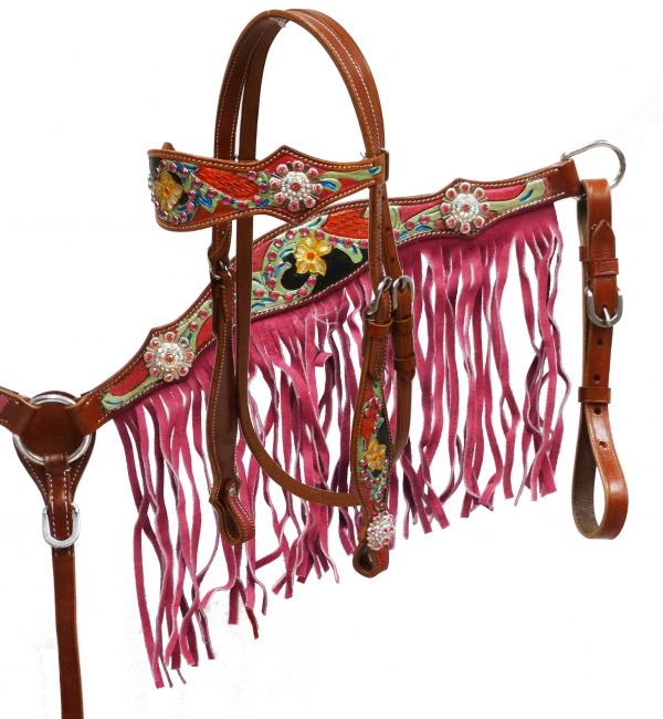Pink fringe headstall and breast collar set-Pink fringe headstall and breast collar set