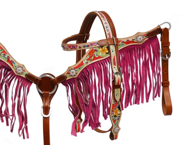 Pony/Small Horse size pink fringe headstall and breast collar set-Pony/Small Horse size pink fringe headstall and breast collar set
