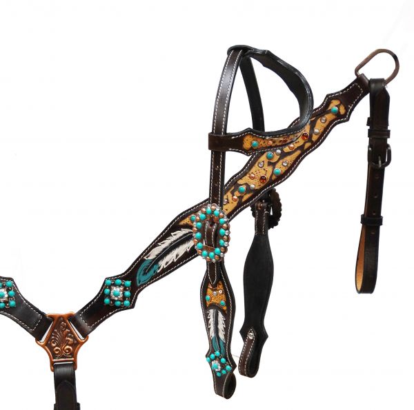 Brown alligator print headstall and breast collar with painted feather- Brown alligator print headstall and breast collar with painted feather