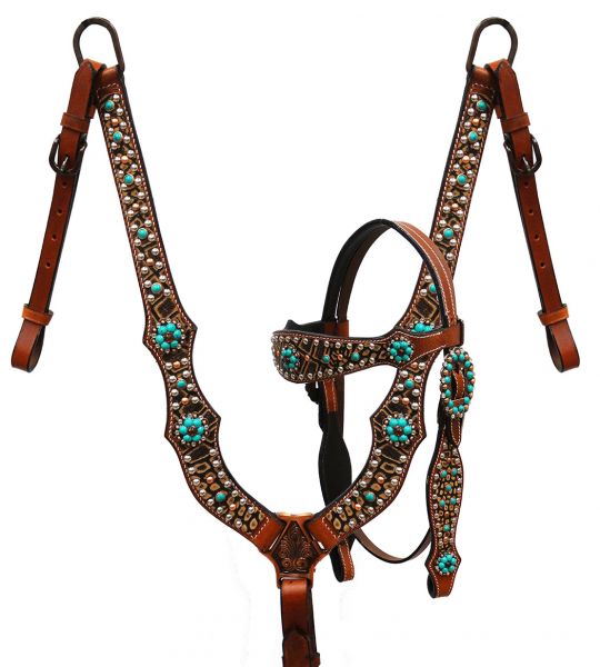 Brown alligator print headstall and breast collar with teal candy stone conchos-Brown alligator print headstall and breast collar with teal candy stone conchos