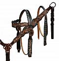 Hand painted floral tooled headstall and breast collar with teal buck stitch