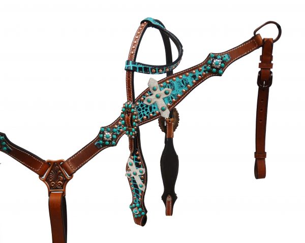 Teal alligator print headstall and breast collar set.-Teal alligator print headstall and breast collar set.